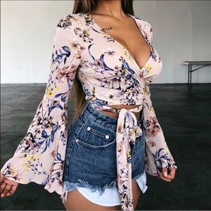 OOTDFash Foral Bell Sleeve Crop Top